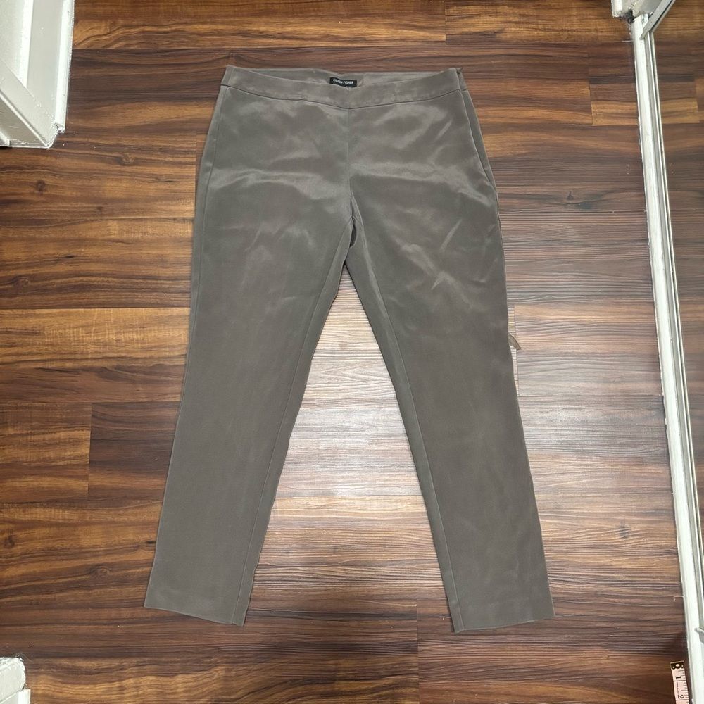 Eileen Fisher Sz 10 Slim Cropped Trouser Silk Cotton Blend Taupe Side Zip